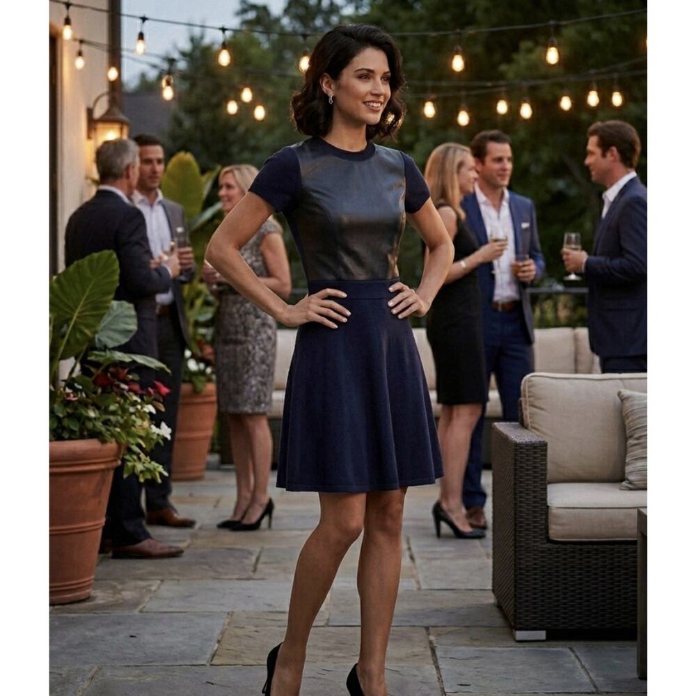 Susana Monaco Stella Dress XS NWT Navy Faux Leather stretch knit elevated basics